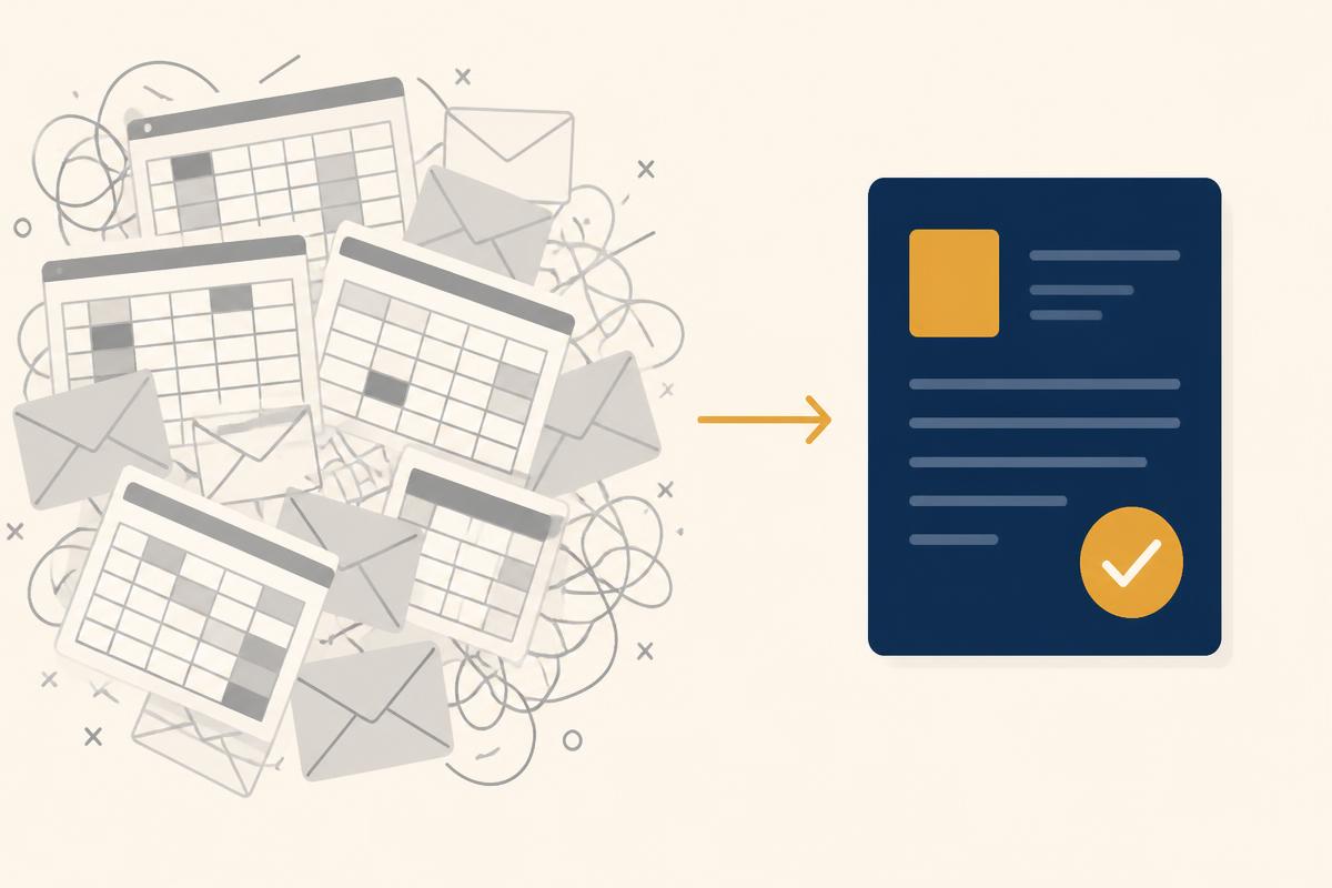 Illustration contrasting scattered spreadsheets and emails with a single approved purchase order